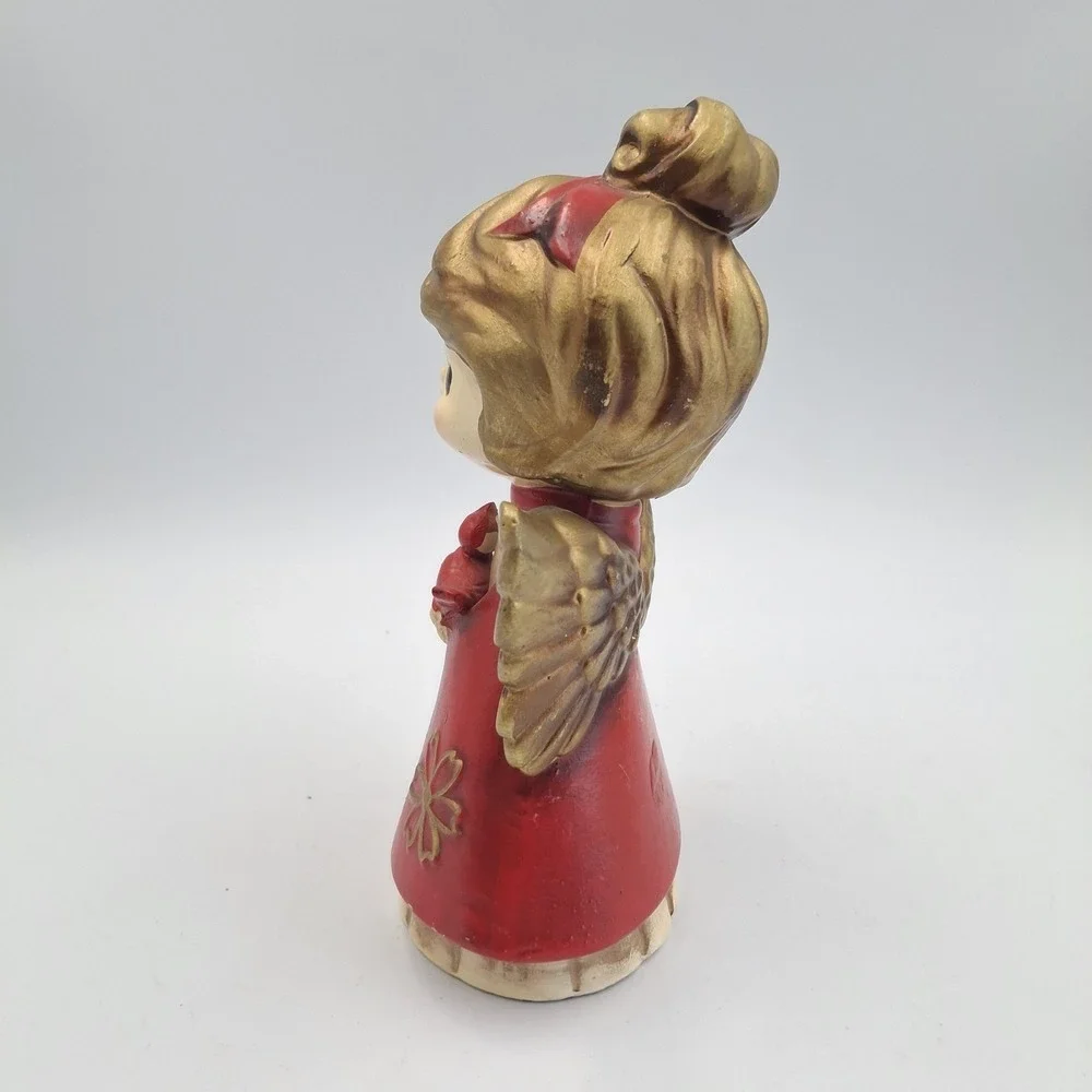 Vtg Christmas Angel Figurine Japan Mid Century‎ Red Gold Big Eye Girl Cardinal